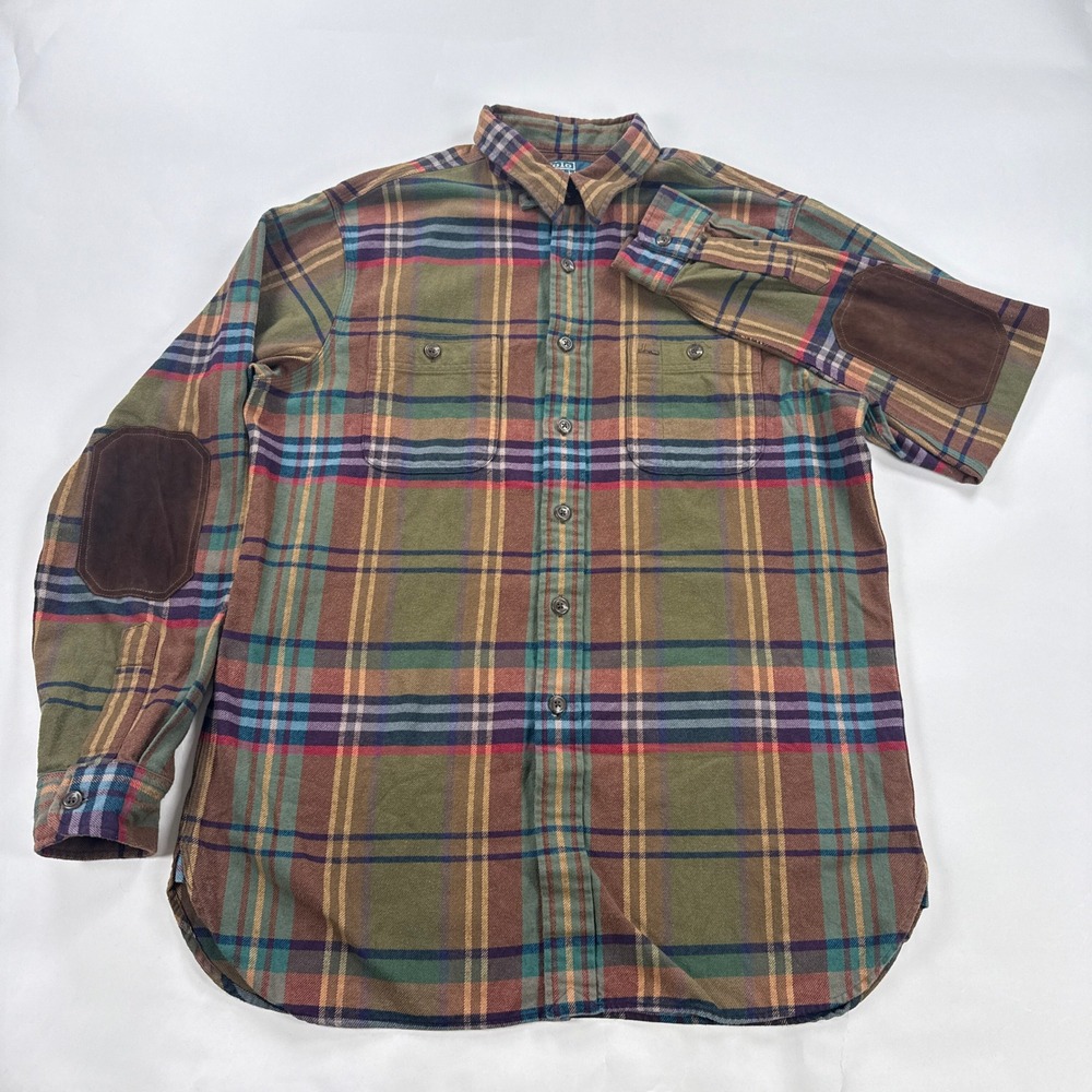Vintage Polo Ralph Lauren Flannel Shirt Mens Large Suede Elbow Patches Plaid 90s
